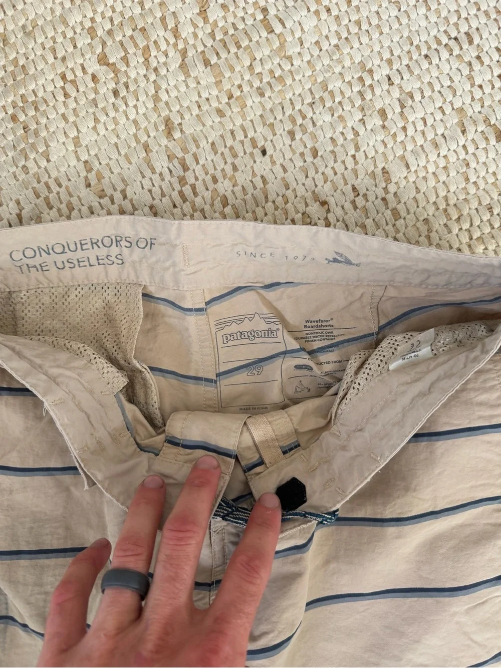 Patagonia Beige Swim Shorts with Navy Stripe